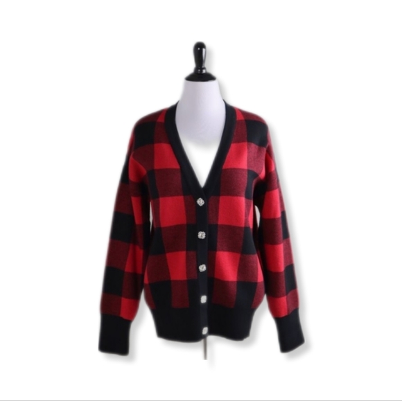 Tommy Bahama Red Buffalo Plaid Holiday Crystal Button Cardigan Sweater - Picture 1 of 8